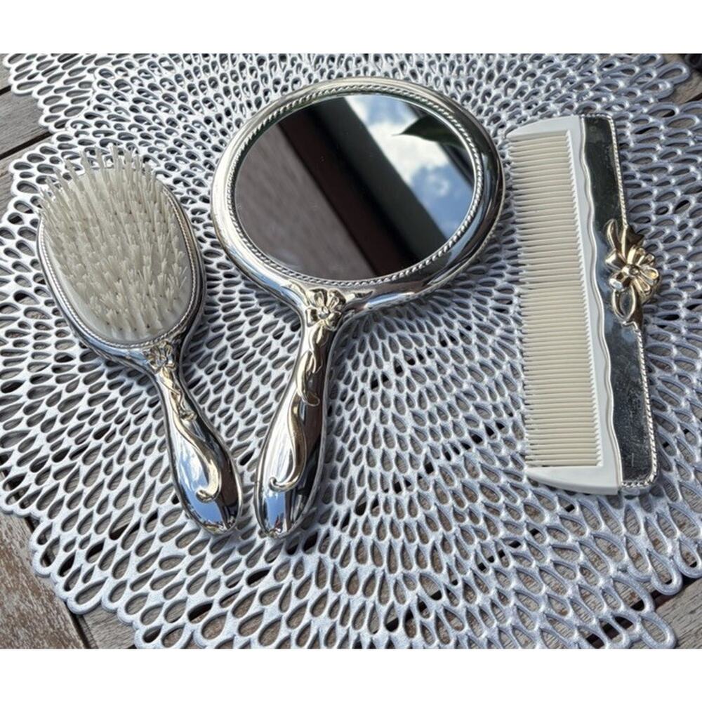 Vintage Style Silver Tone Vanity Set Hand Mirror Hair Brush Comb 3 Pc